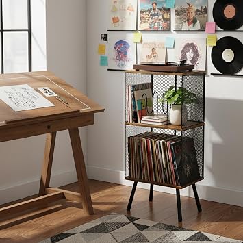 3-Tier Record Player Stand, Turntable Table with Vinyl Storage for 200 LPs, Corner Record Holder with Adjustable Dividers, Mid-Century Vinyl Stand for Living Room, Bedroom