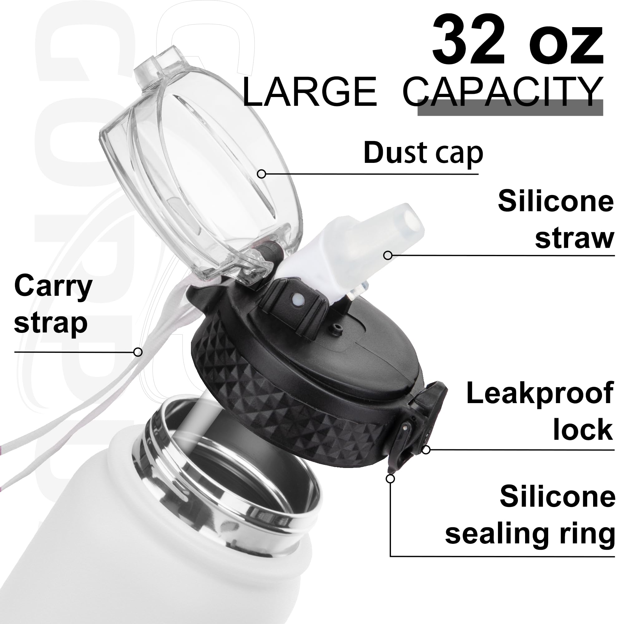 GOPPUS 1L/32oz Stainless Water Bottle with Straw Double Wall Insulated Bottles with Strap Reusable Vacuum Thermal Flask Leakproof Keep Cold Drinks Bottles with Flip Top Lid for Gym Men Women BPA Free - Image 3