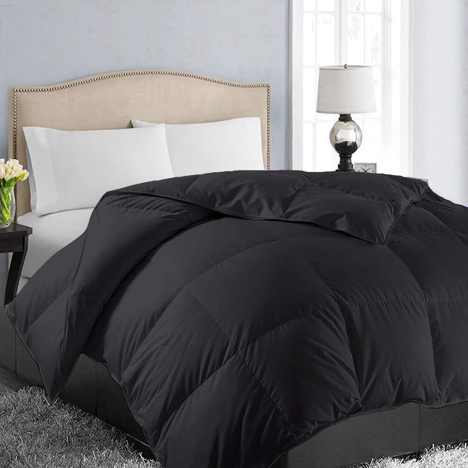 EASELAND All Season Oversized Queen Soft Quilted Down Alternative Comforter Reversible Duvet Insert with Corner Tabs,Winter Summer Warm Fluffy,Black,98x98 inches