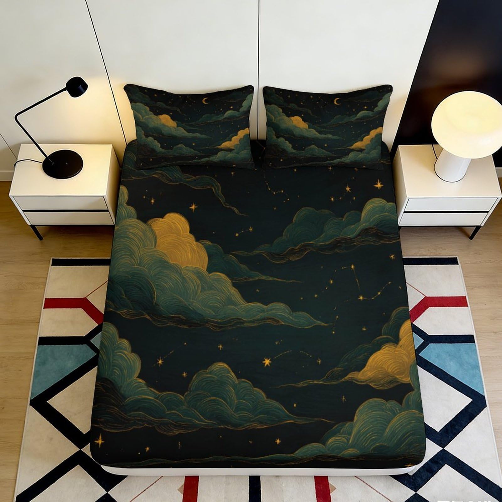 3D Printed Starry Sky Fitted Sheet Microfiber Soft Breathable Cosmic Nebula Mattress Cover for Bedroom Dormitory Guest Room Mattress Protection Decor 200x200x25cm
