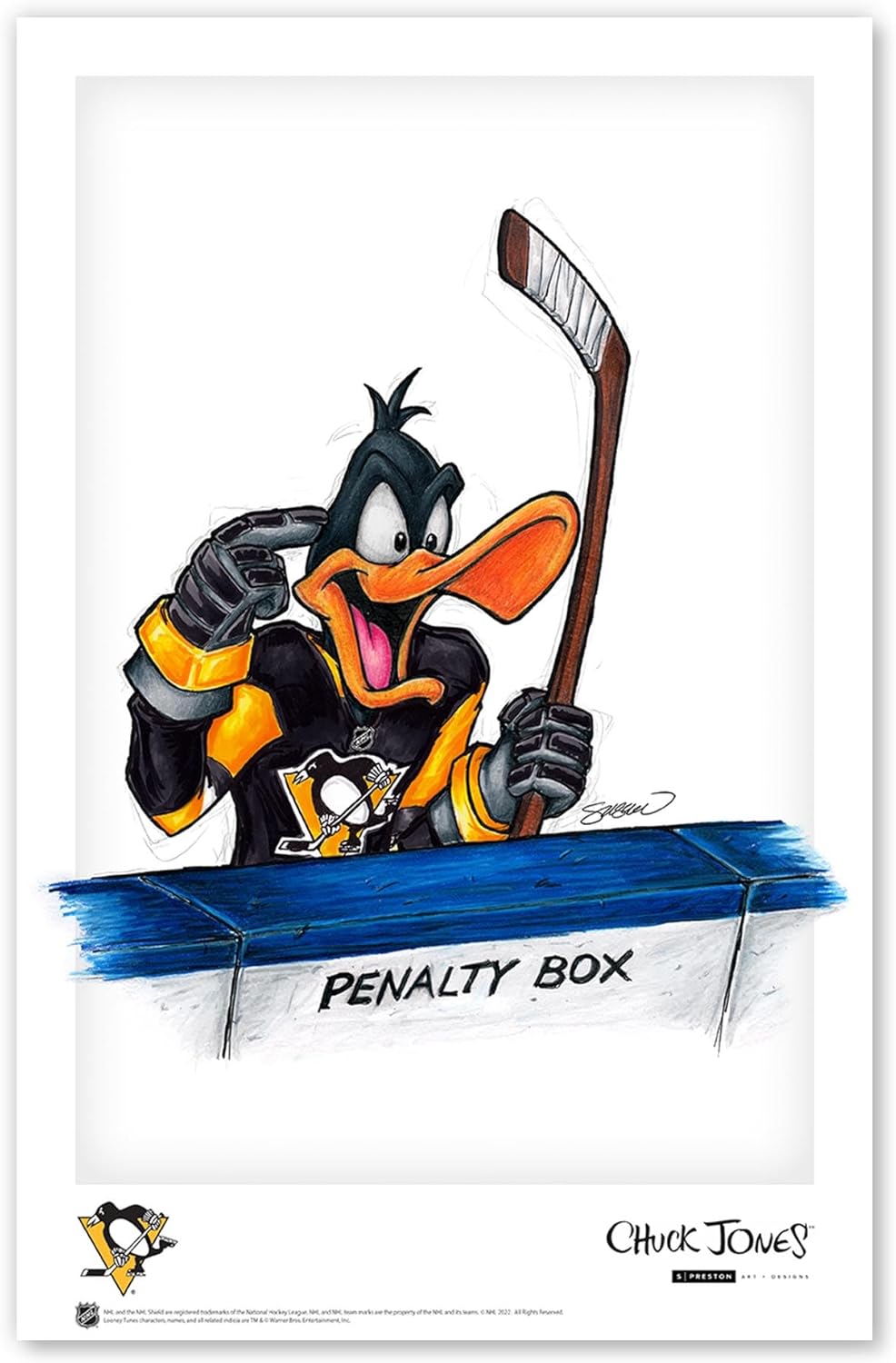 Pittsburgh Penguins Daffy Duck NHL Looney Tunes Art Poster Print by S. Preston - Living Room Home Wall Decor, 11" x 17" Unframed Artwork