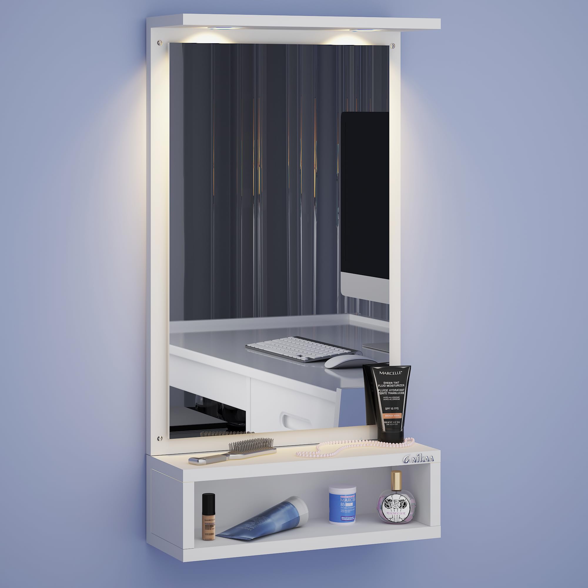 Anikaa Jinny LED Light Wall Mounted Dressing Mirror for Bedroom Wall Hanging Mirror for Living Room Home Decor Wall Mirror - White (D.I.Y - Do-It-Yourself)