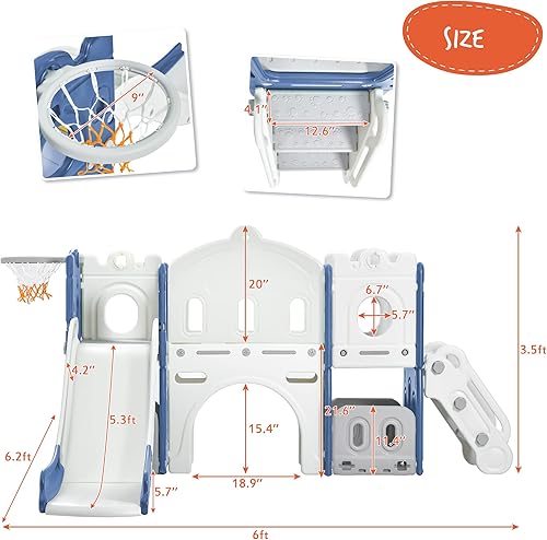 Miniatura 6 de Tobogán 7 en 1 para niños pequeños, tobogán grande con pasillo largo, escalador, aro de baloncesto, túnel y espacio de almacenamiento, juego de