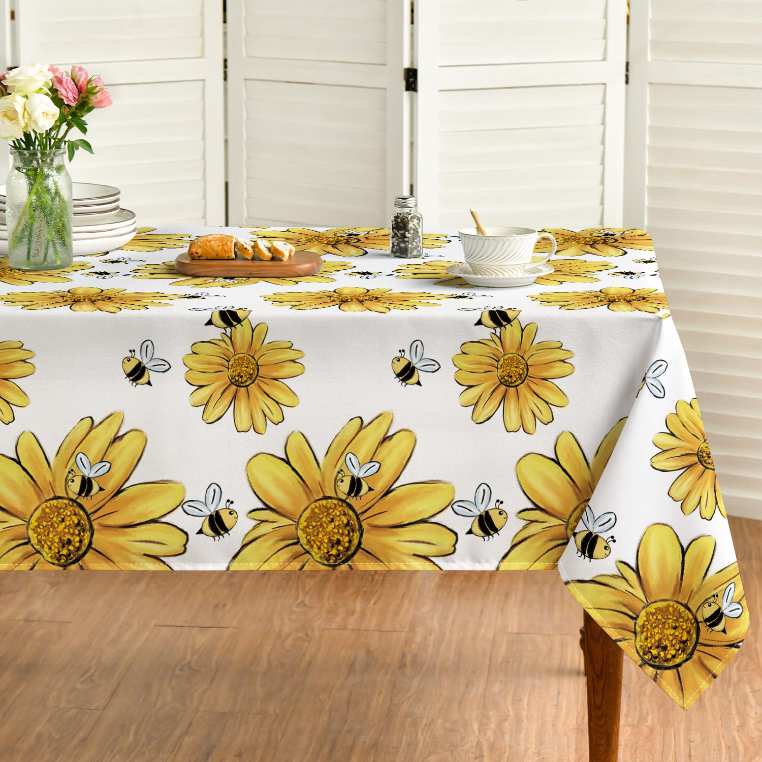 Horaldaily Summer Tablecloth 60×60 Inch, Yellow Sunflower Bumble Bee White Fall Washable Table Cover for Party Picnic Dinner Decor