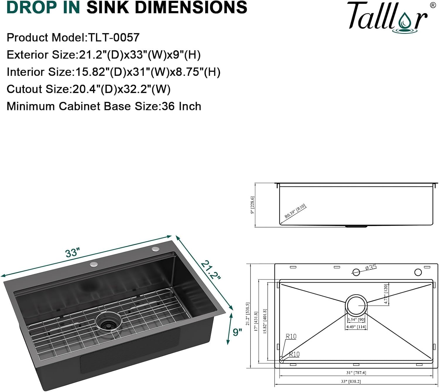 33 Inch Drop In Kitchen Sink Gunmetal Black Stainless Steel 16 Gauge Single Bowl Workstation Topmount Large Bowl Sink Basin with Mixing Bowl and Pasta Strainer #TLT-0057