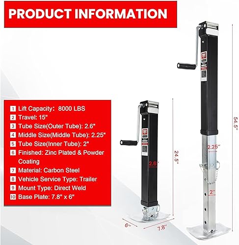 Miniatura 3 de TYT Gato cuadrado de remolque de soldadura directa de servicio pesado de 8000 libras, gato cuadrado de viento lateral de elevación de 15 pulgadas