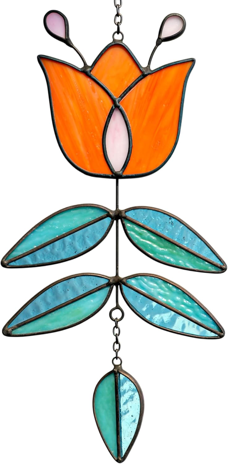 MintyWiz Coral Tulip Stained Glass Suncatcher Review: Whimsical Garden Window Hanging for Porch Decor