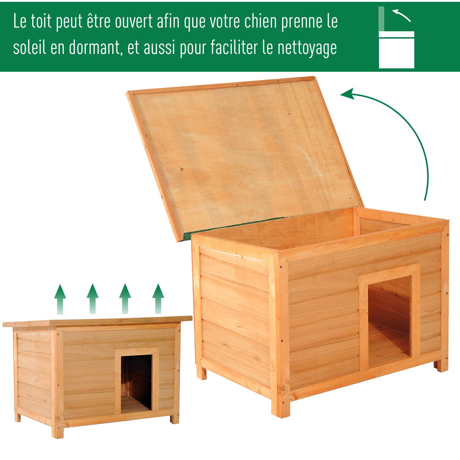 PawHut Niche pour Chien Chat en Bois sur Pied chenil Toit ouvrant bitumé 85 x 58 x 58 cm pin Massif pré-huilé Marron Vert
