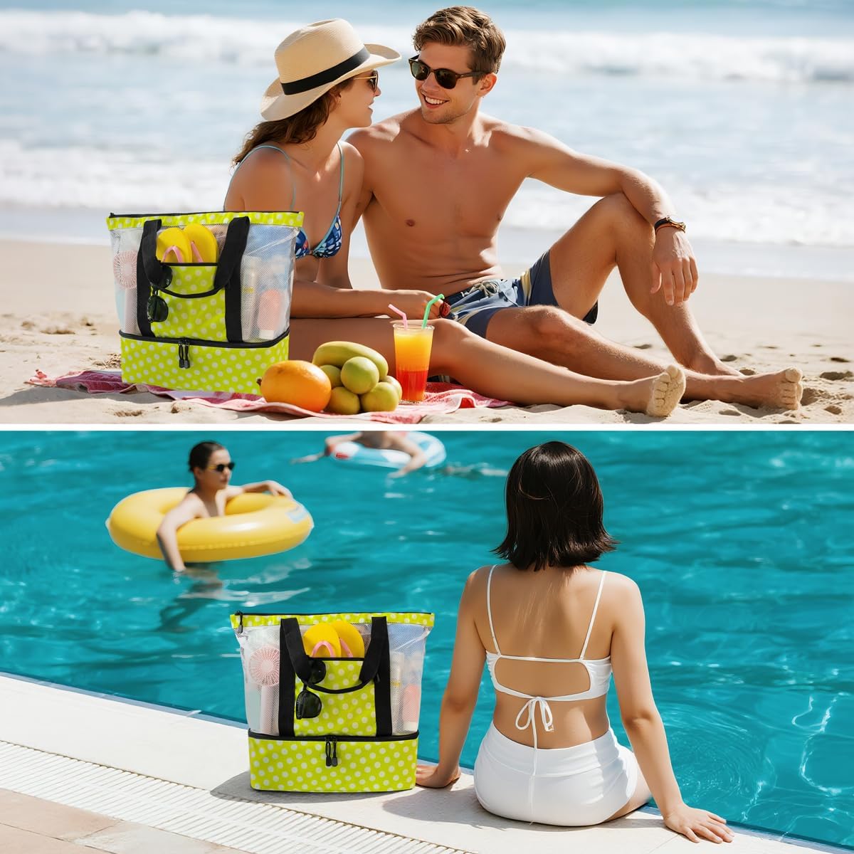 ASL Mesh Beach Bag with Cooler Compartment for Women Pool Tote with Zipper image 5