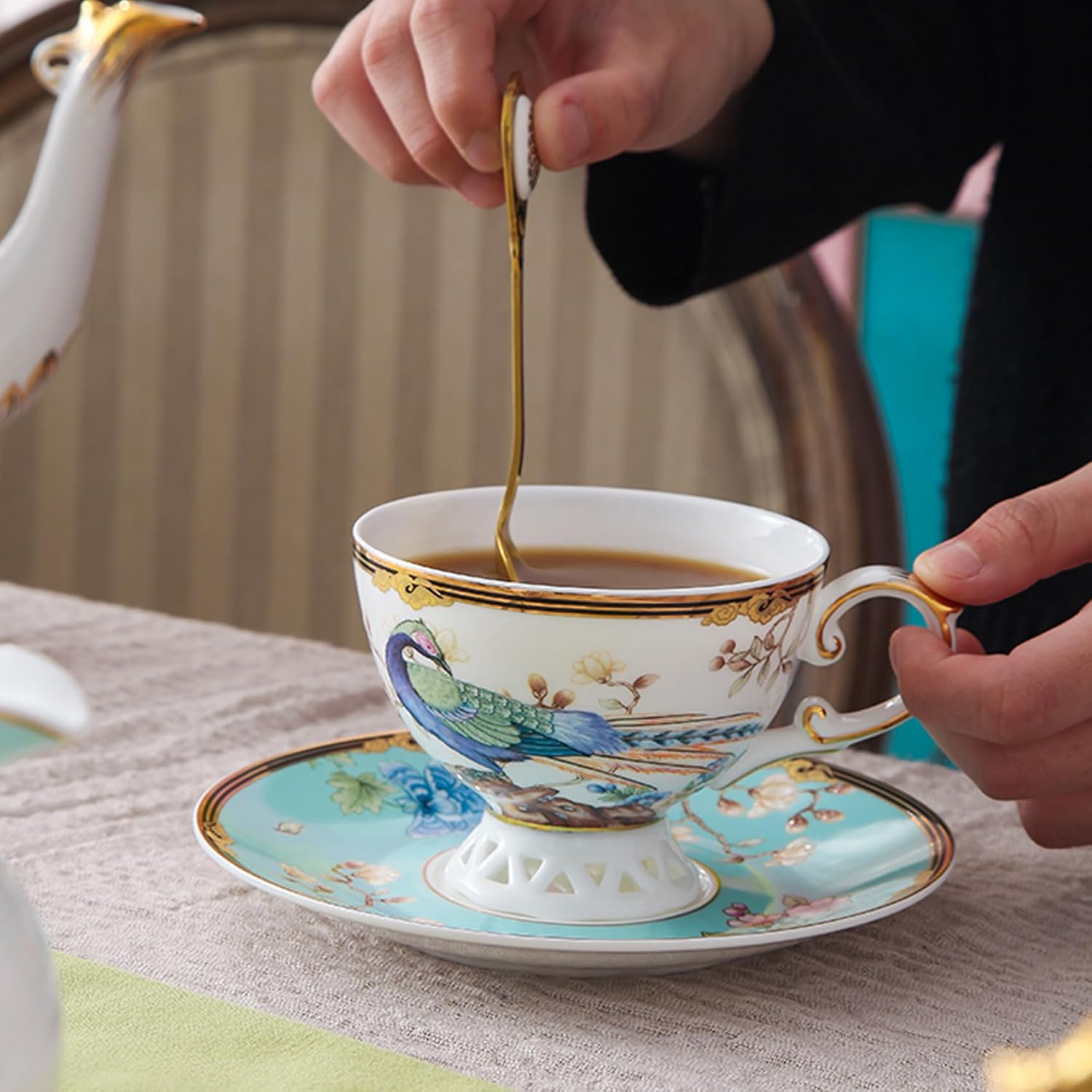 ACMLIFE Bone China Tea Cup and Saucer Set - Bone China Tea Coffee Cup and Saucer Set for 1 Luxury Fine China Tea Cup Set for One Blue Vintage Teacups and Saucers for Women Tea Party or Gift Giving - Image 4