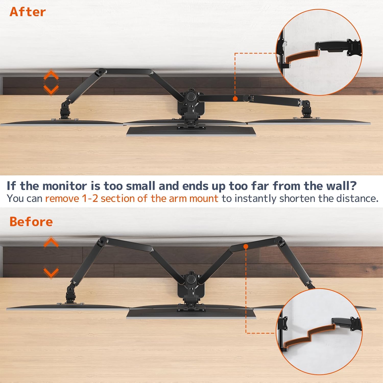 Diagram showing how to remove arm segments to shorten monitor arm length