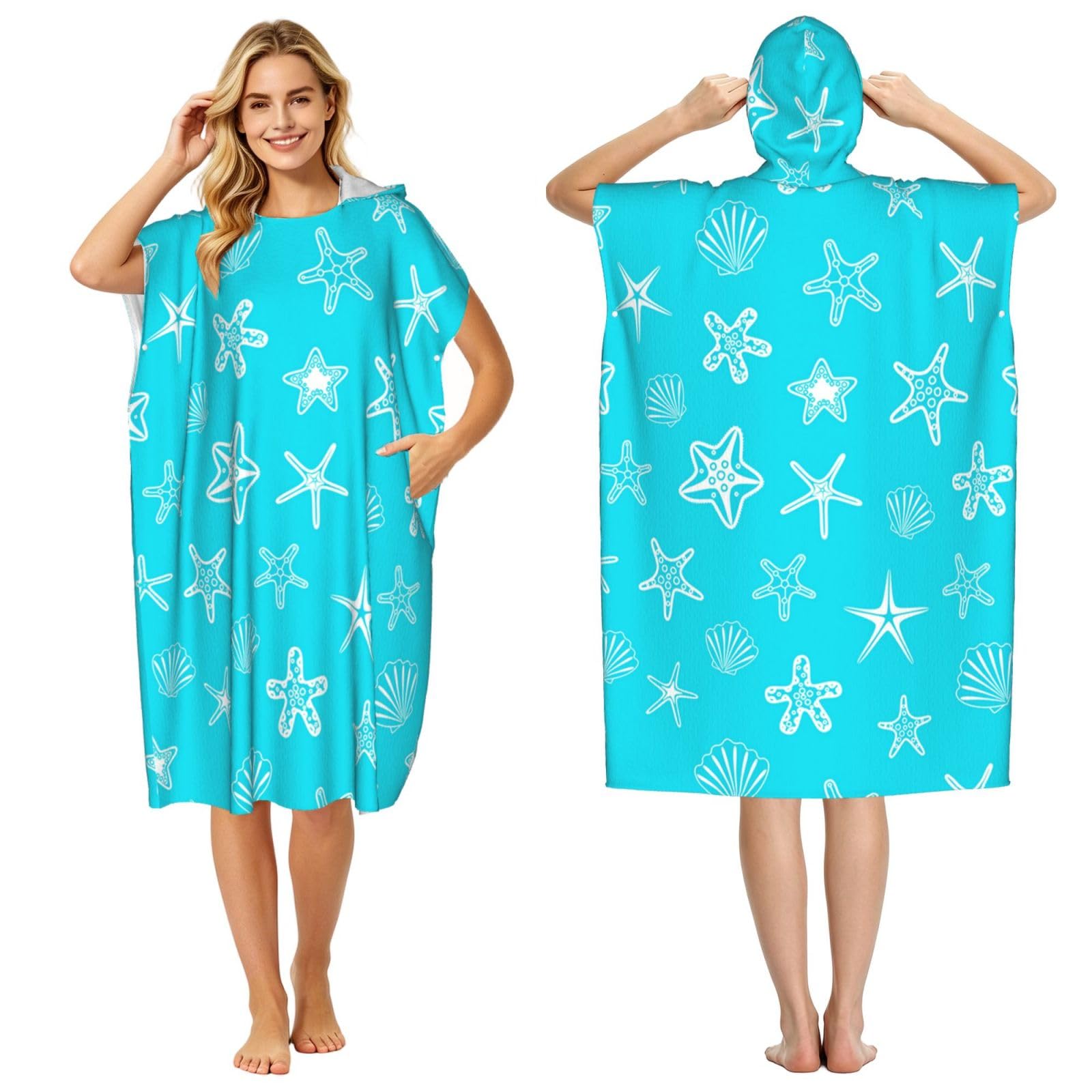 Poadnly Seashells Starfishes Blue, Adult Hooded Beach Towel 90 x 110 cm,Changing Bath Robe, Surf Poncho Towel For Women Men