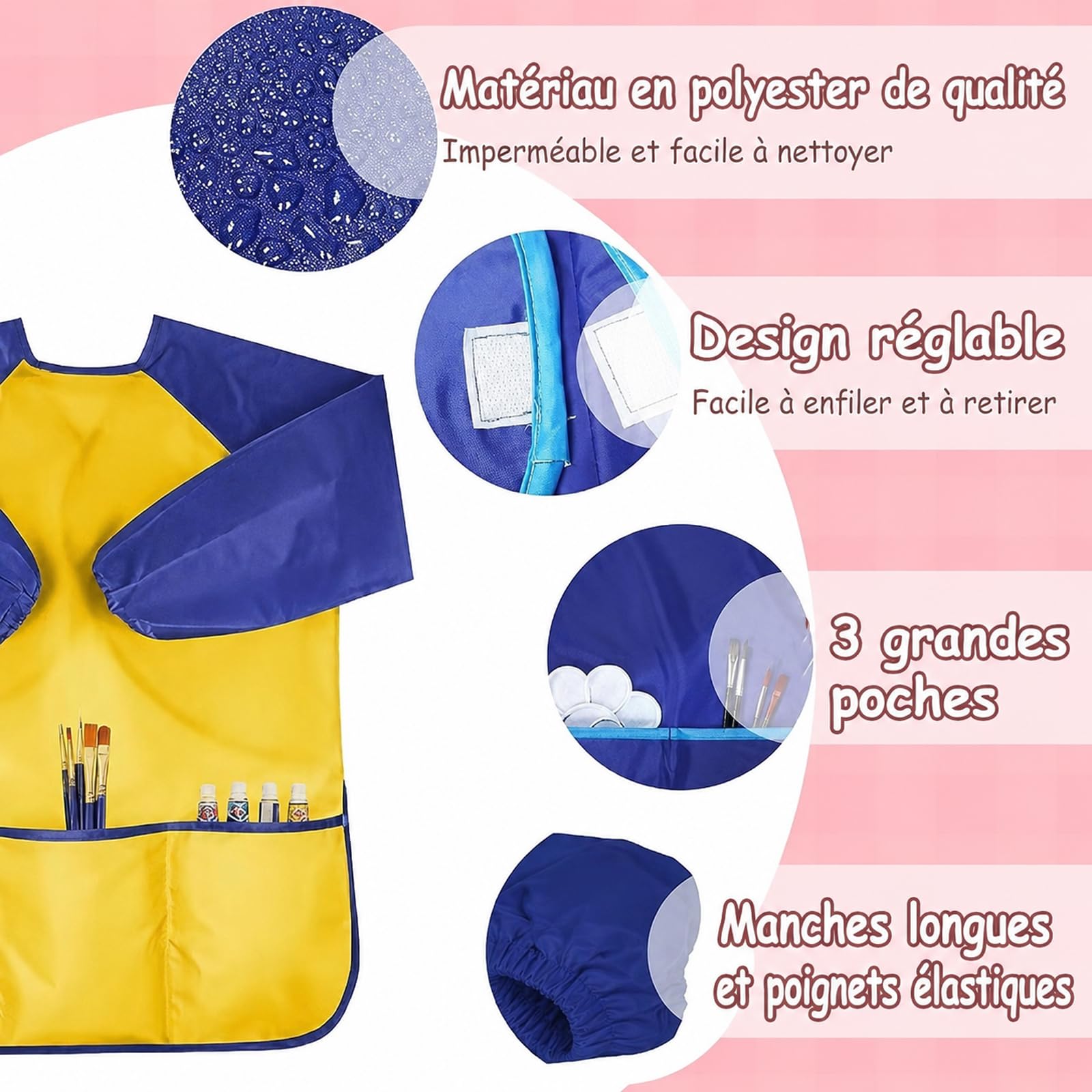 Lot de 24 Blouses de Peinture Enfants, 3-8 Ans, 12 Roses et 12 Jaunes