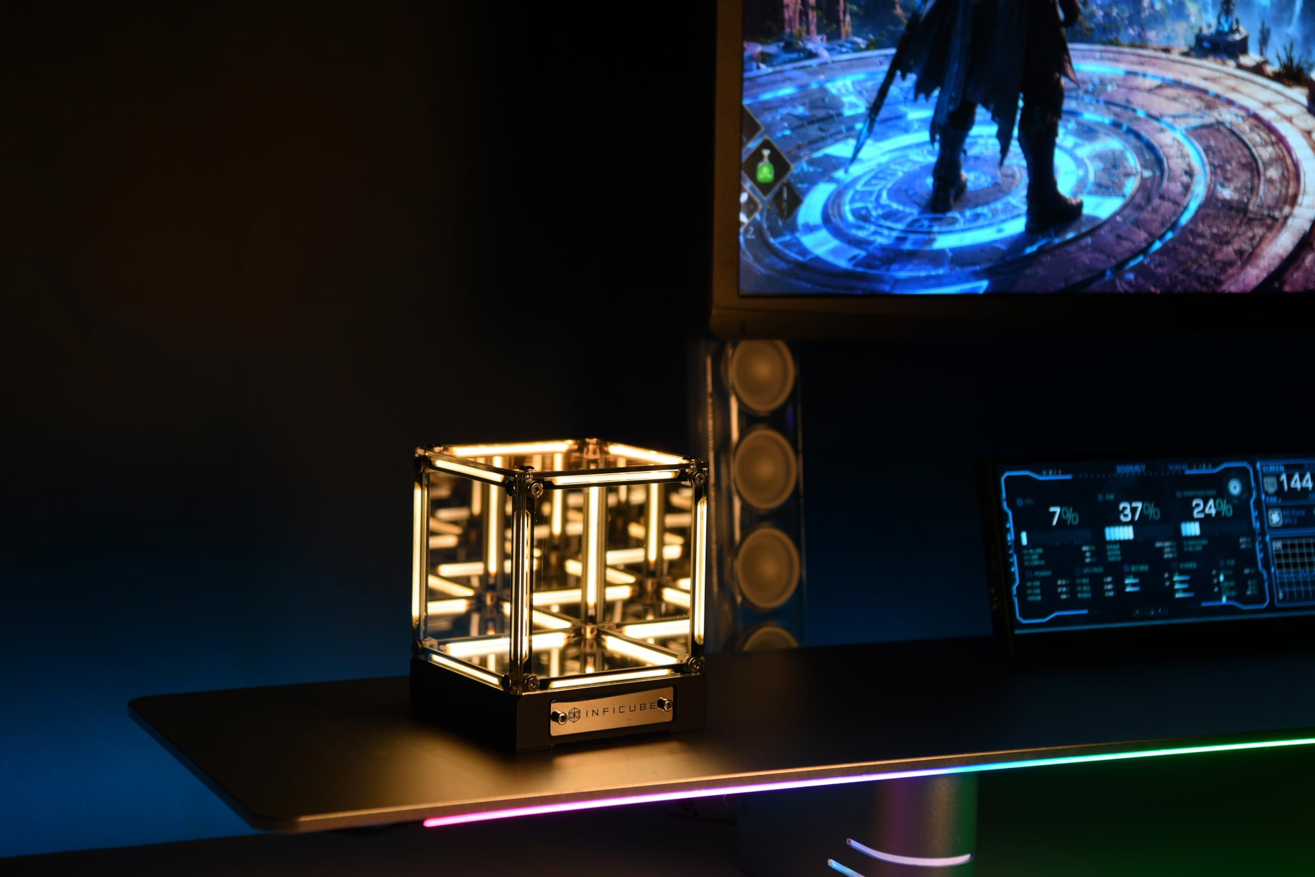 Lámpara de cubo de espejo infinito, luz de abismo Tesseract 4D, luz nocturna regulable táctil recargable por USB-C, decoración futurista de escritorio para sala de juegos, dormitorio, estante