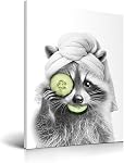 HesenDot 30x40cm Raccoon Wrapped in Towel Funny Framed Bathroom Wall Art | Wrapped Canvas Wood Frame, Black and White Raccoon Poster Print, Humorous Kid Room Restroom Toilet Nursery Home Wall Décor