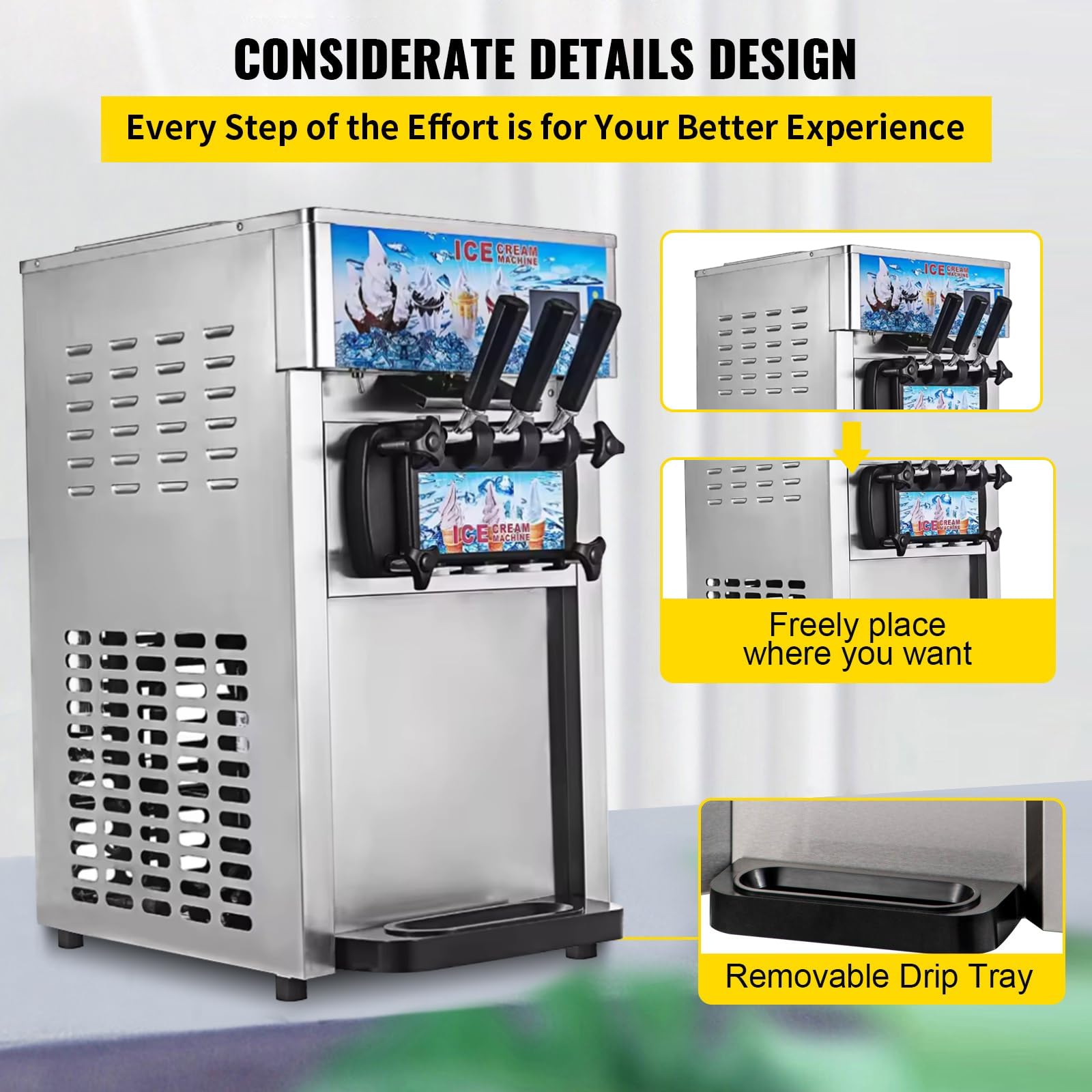 1200W Máquina de Helados Soft, Heladera Comercial 18L/5Gal, 3 Sabores, Ideal para Cafeterías, Buffets, Tiendas de Bebidas y Restaurantes