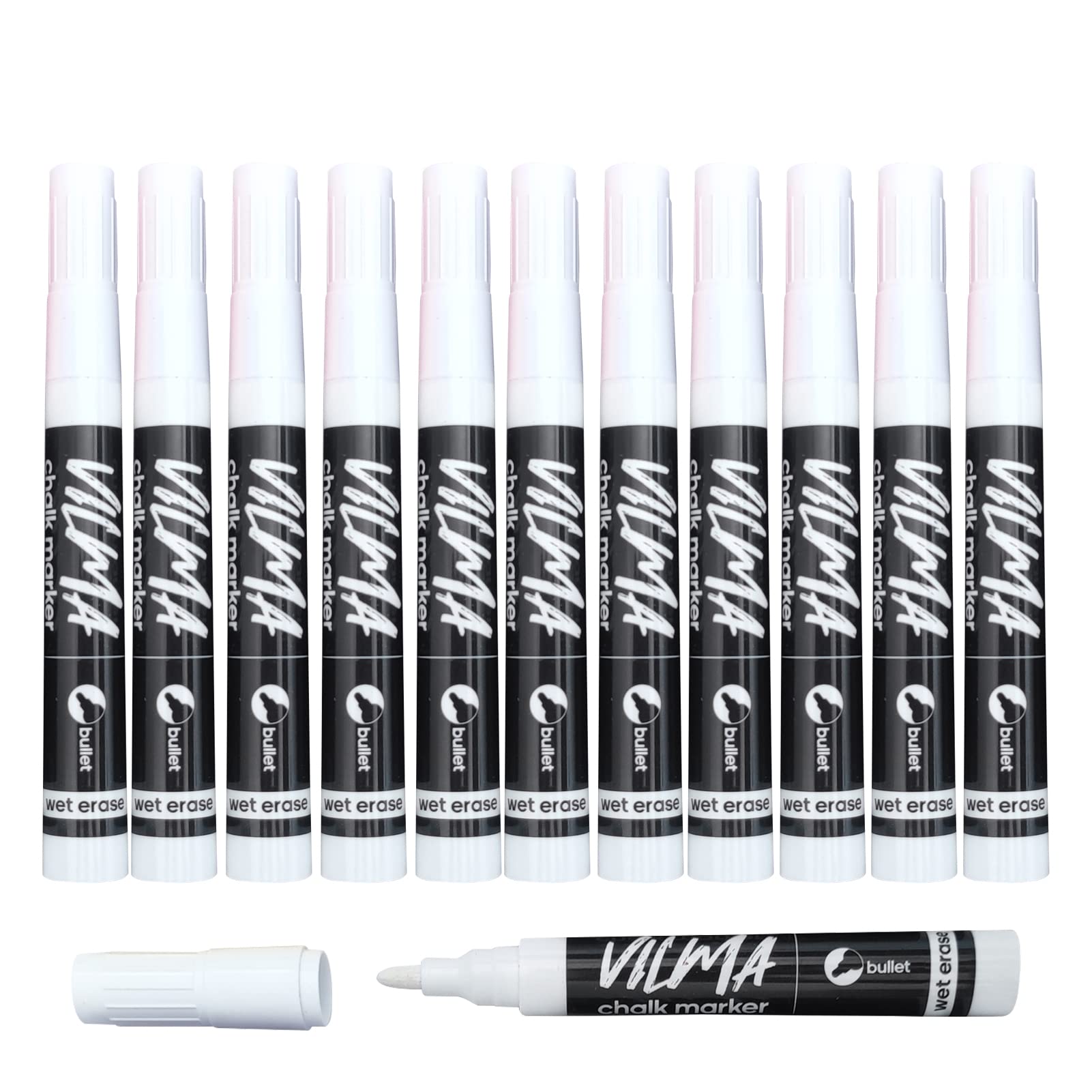 Vilma White Liquid Chalk Pens for Windows, Glass, Blackboard, Car, Mirrors, Signs, Crafts - 2MM Tip, 12 Pack