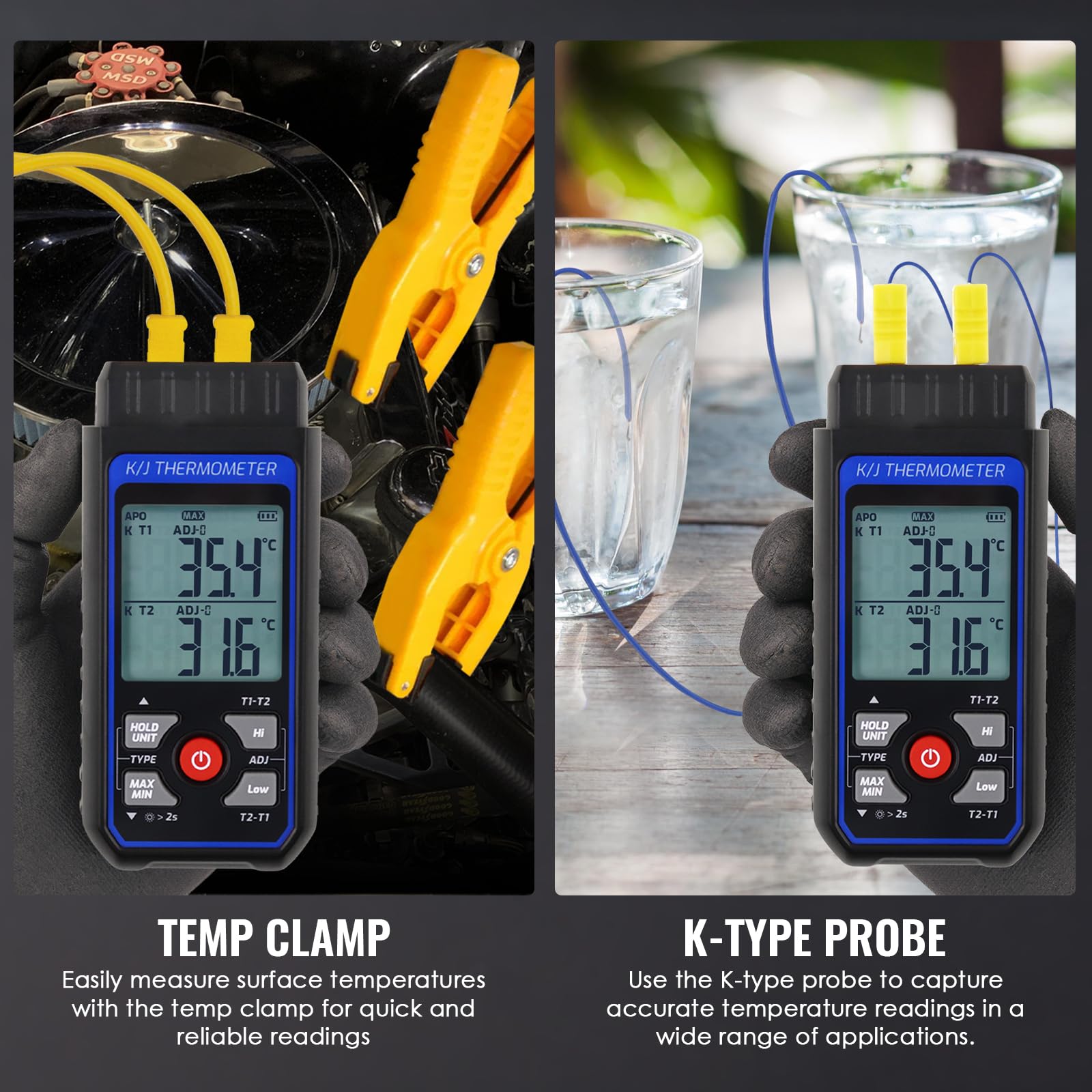 Digitales Zweik-Thermoelement-Thermometer, Typ K/J, mit 2 K-Typ-Thermoelement-Sonden und 2 Temperaturklemmen, -328 ~ 1,371.7 °C Bereich, industrieller HVAC-Temperaturmesser mit Alarm und