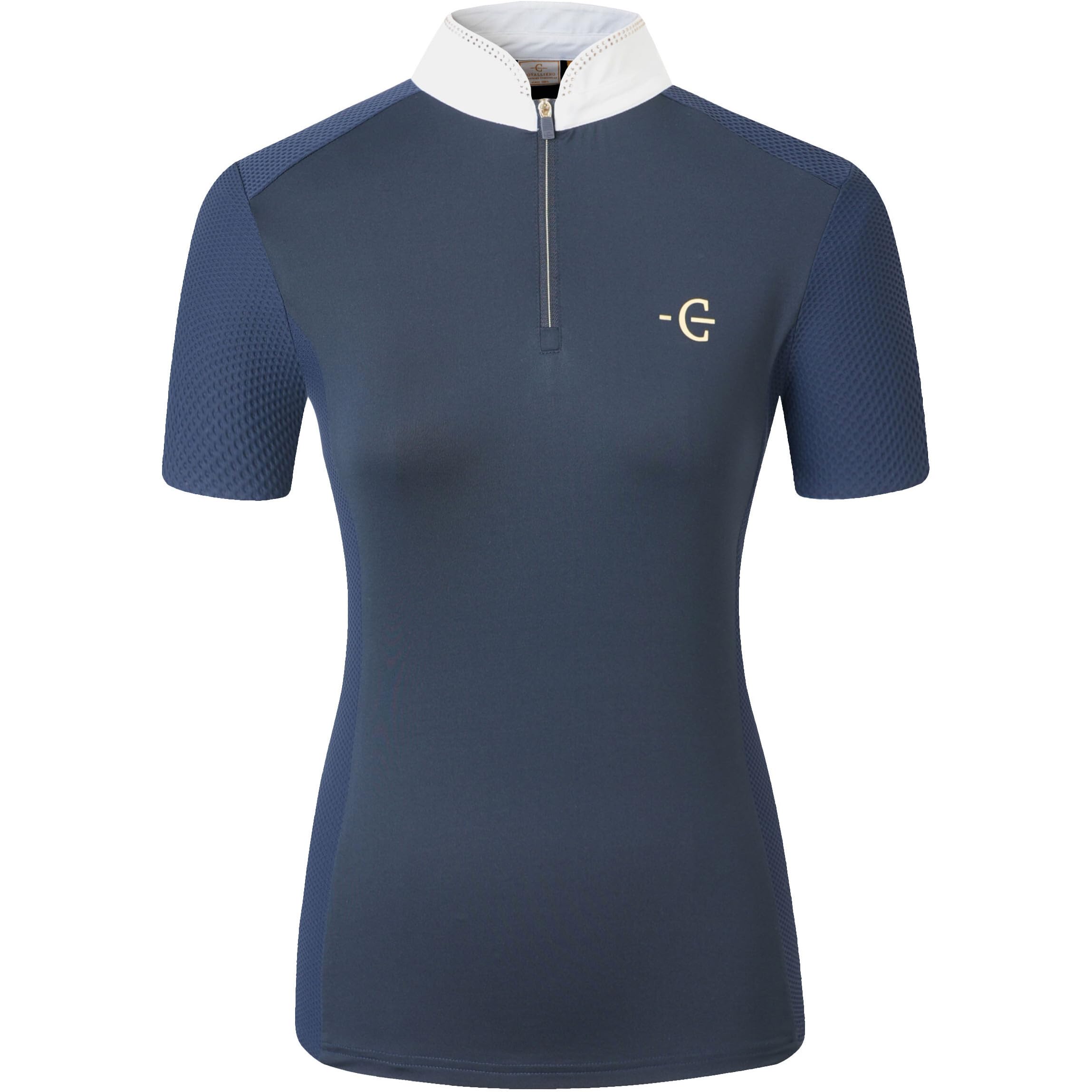 Covalliero - Damen Turniershirt Competition FS26 – Kurzarmshirt mit Stehkragen – tailliertes Reitshirt – atmungsaktiv & leicht – Sportshirt in Dunkelblau, Braun oder Weiß – Gr. XS-XXL