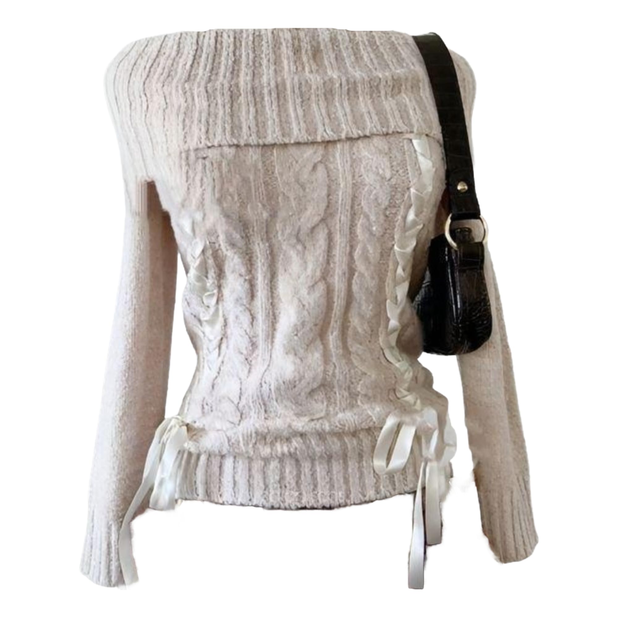 Fall Cute Coquette Off Shoulder Knitted Tops Vintage Y2k Fairy Grunge Emo 2000s Clothes Striped Knit Sweater Women