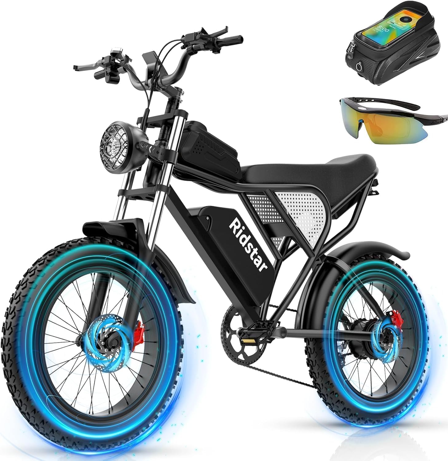 Ridstar Electric Bike for Adults Q20, 2000/1500W, 37/30MPH,52V 40AH,48V/20AH E-Bike,30-180 Miles Electric Motorcycle, 20" Fat Tire Dirt Bike, UL2849 All Terrain for Mountains, Snow Q20-1500W 48V20AH