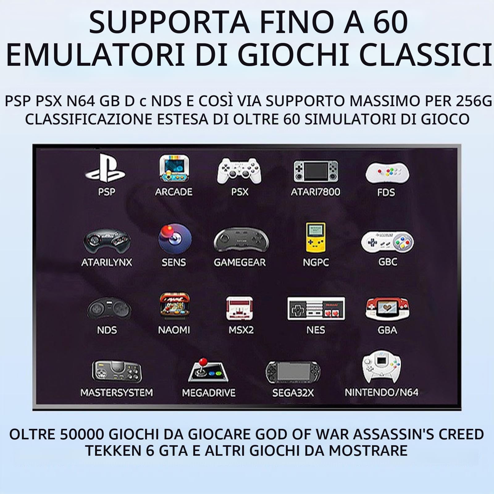 Console per Videogiochi, Uscita HD HDMI 1080P, Stick da Gioco retrò Plug & Play con 2 Controller Doppi Wireless, Oltre 60000 Giochi Integrati 256G per Bambini E Adulti