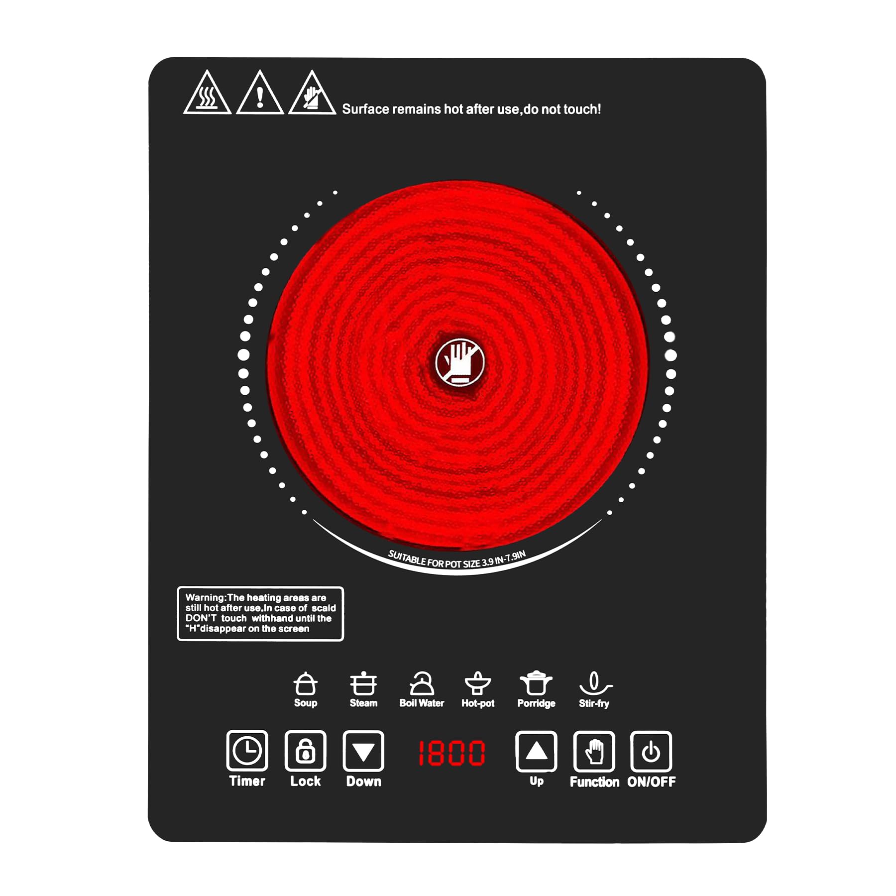 Wesonorous Single Burner Electric Cooktop,110V 1800W Electric Stove Top with LED Touch Control,9 Power Levels, 3 hTimer, Safety Lock,single burner cooktop Overheat protection