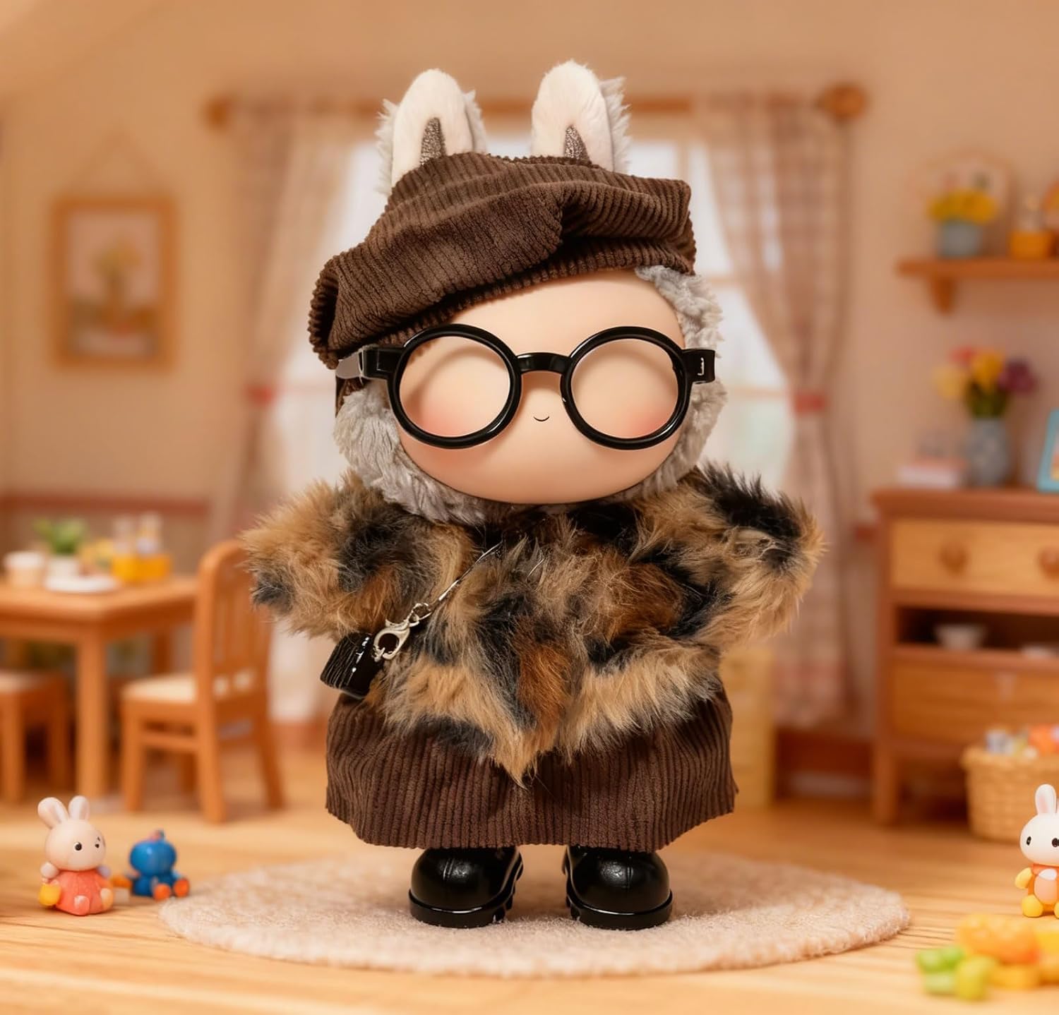 17cm Doll Clothes for Labubu, Clothing Outfits & Accessories Set, Dress Up Outfit for Labubu Doll with Purse Shoes Glasses (Leopard Dress Set)