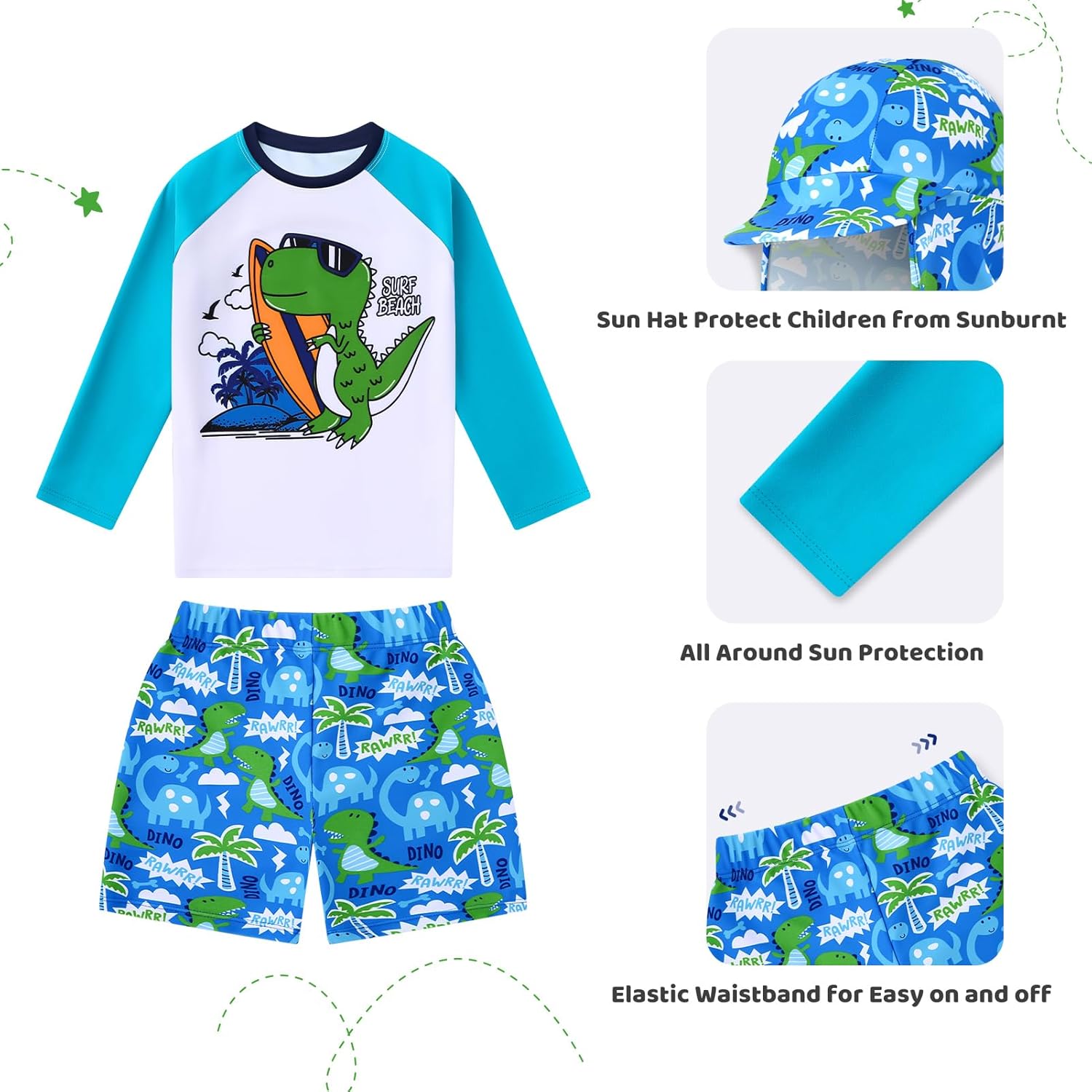Toddlers Boys 3PCS Rashguard Swimsuit Long Sleeve Top and Slim-fit Swim Shorts Sets with Sun Hat Boys Bathing Suit 1-5T - Image 5
