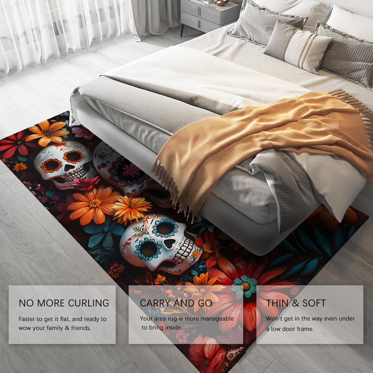 Boho Art 90 x 120 cm Rugs Launch Day Dead Skull Cukier Kolorowy Wzór Dzikie Kwiaty Dywan Podłoga Niskie Włosy Do Salonu Balkonu