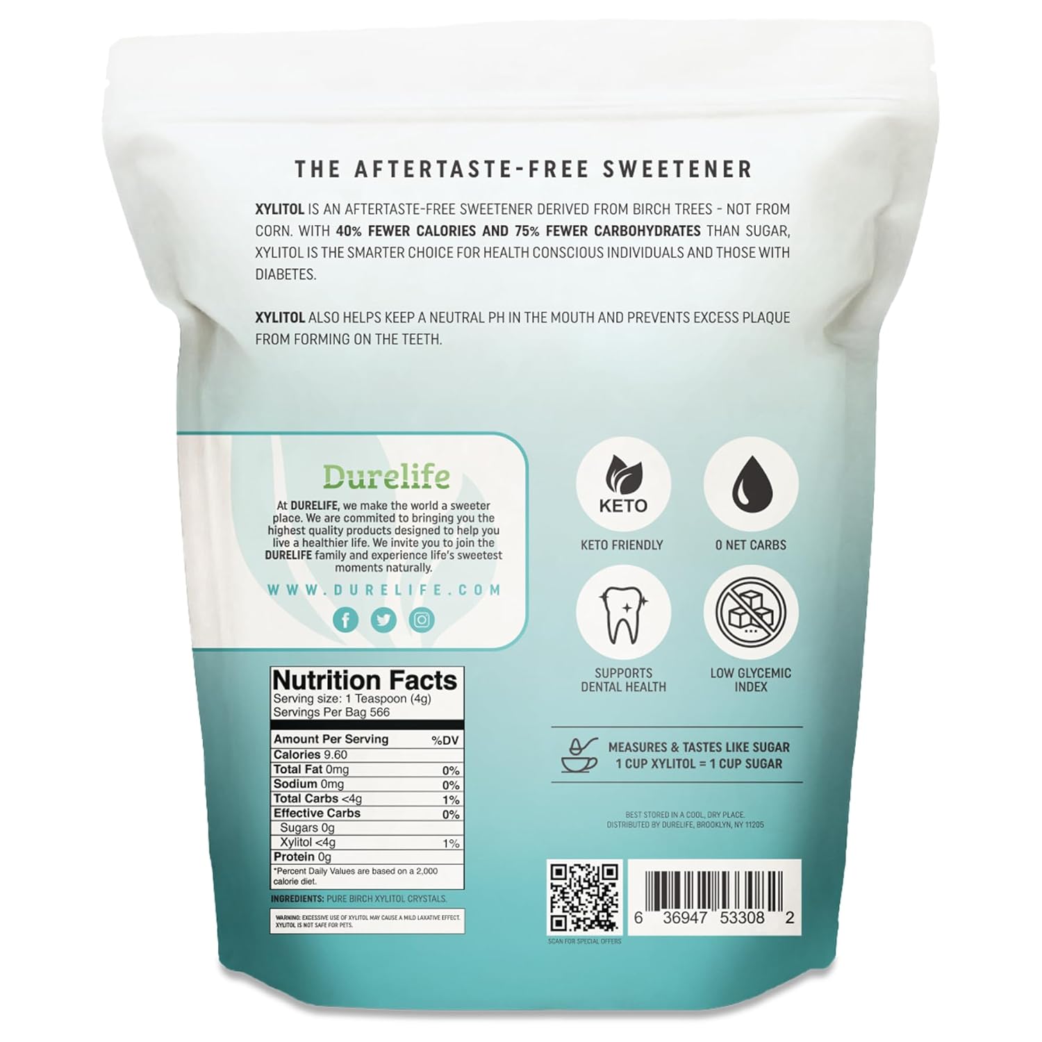 DureLife XYLITOL Sugar Substitute 5 LB Bulk (80 OZ) Made From 100% Pure Birch Xylitol NON GMO - Gluten Free - Kosher, Sugar alternative, Packaged In A Resealable zipper lock Stand Up Pouch Bag