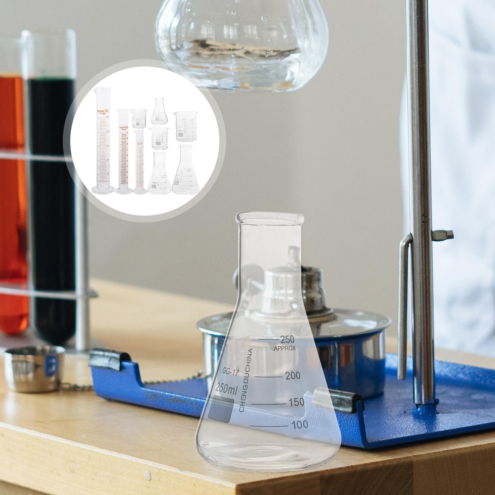 Zerodeko 9 Pièces Ensemble de Verrerie de Laboratoire en Verre Fiole Conique et Bécher Gradué 50-250ml, Échelle Facile à Lire, Résistance Élevée la Température Cuisine et Recherche