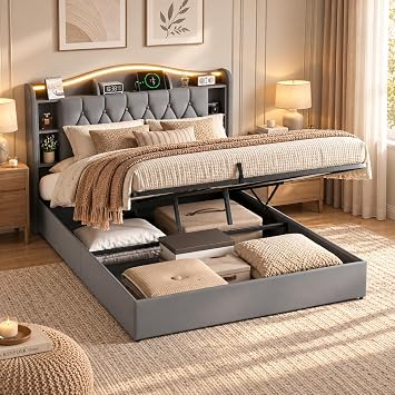 Upholstered Bed 140 x 190 cm Hydraulic Bed with Storage Headboard and USB Charging Function Modern Bed Frame with Slatted Frame Sturdy Double Bed for Bedroom without Mattress Grey 140 x 190 cm