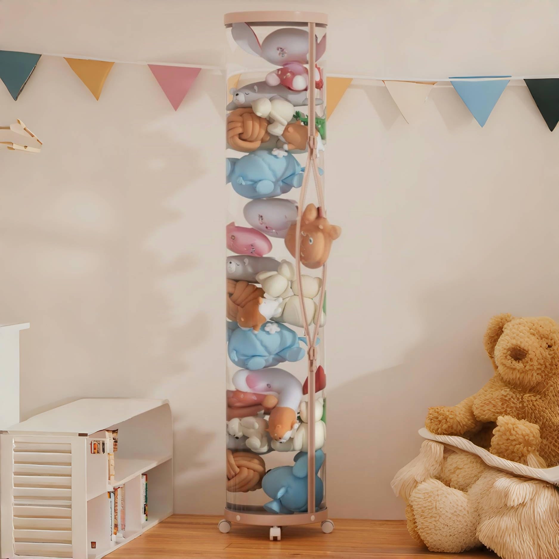 Flarelyare Stuff Animal Organizer,Stuffed Animal Zoo Storage,Stuffed Animal Storage Tube, PET Transparent Bucket with Zipper for Kids Toy Organizer Toy Storage Box with Lid (Pink)