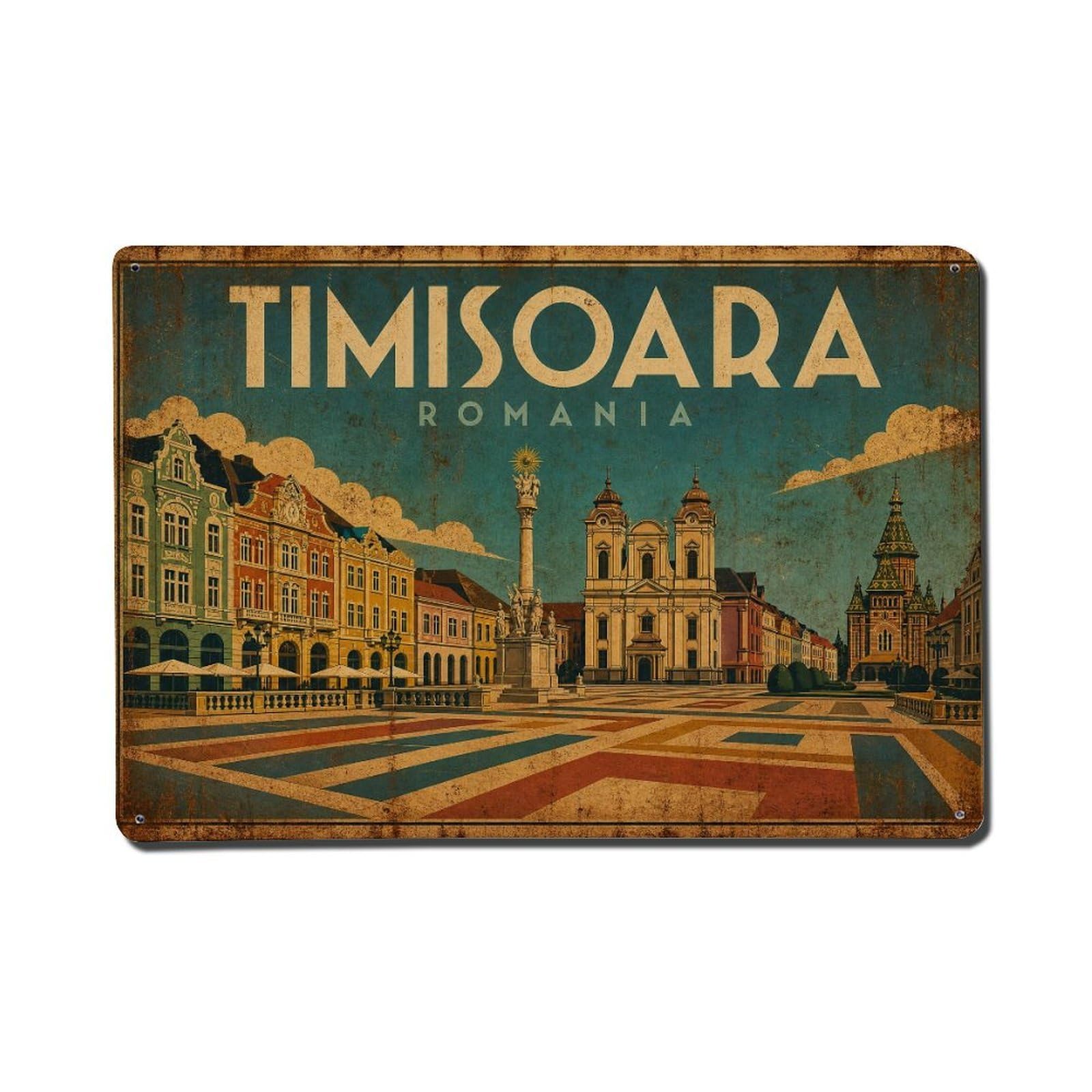 Travel Vintage Romania Timisoara Metal Tin Sign Plaque Wall Decor for Cafe, Club Bar, Office, Garden Metal Poster 8x12Inch