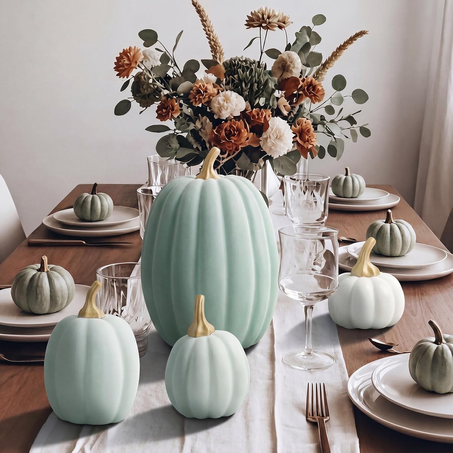 DoubleFill 4 Pack Fall Thanksgiving Velvet Pumpkins Set Large Artificial Sage Green Pumpkins with Stems Rustic Farmhouse Fall Decor for Autumn Table Centerpiece Mantel Harvest Festival Decor