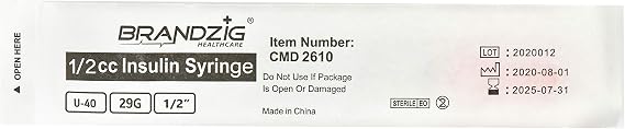 Brandzig U-40 Pet Insulin Syringes 29G 1/2cc, 1/2 100-Pack