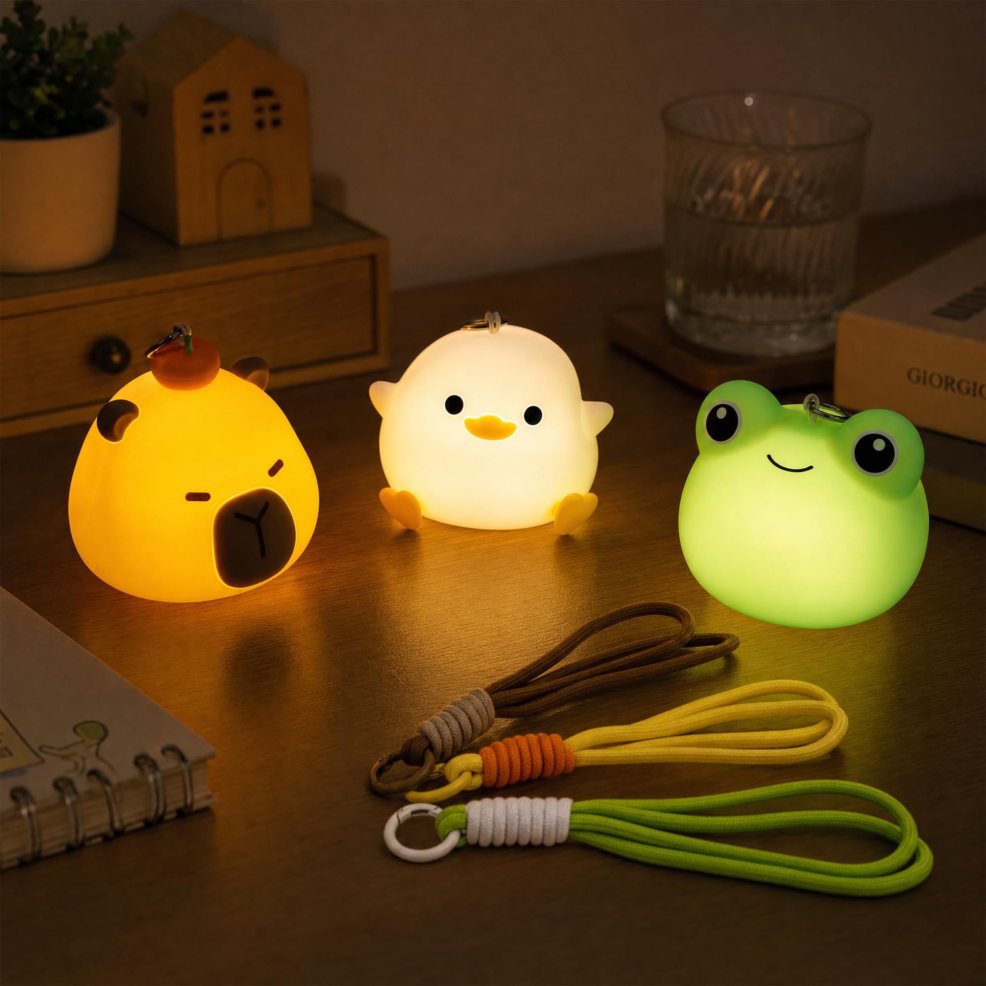 UNEEDE 3 Pack Mini Animal Night Light Set, Mini Capybara, Frog & Duck Lamp