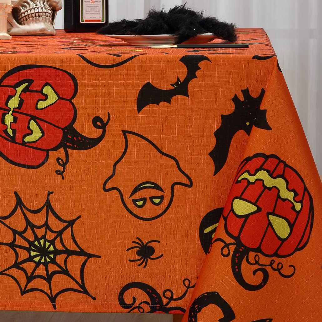Zacoo Halloween Tablecloth, Halloween Rectangular Table Cloth Water Stain Resistant Polyester Pumpkin Cobweb Table Cover for Halloween Themed Party, Halloween Party Supplies Orange, 60" x 102"