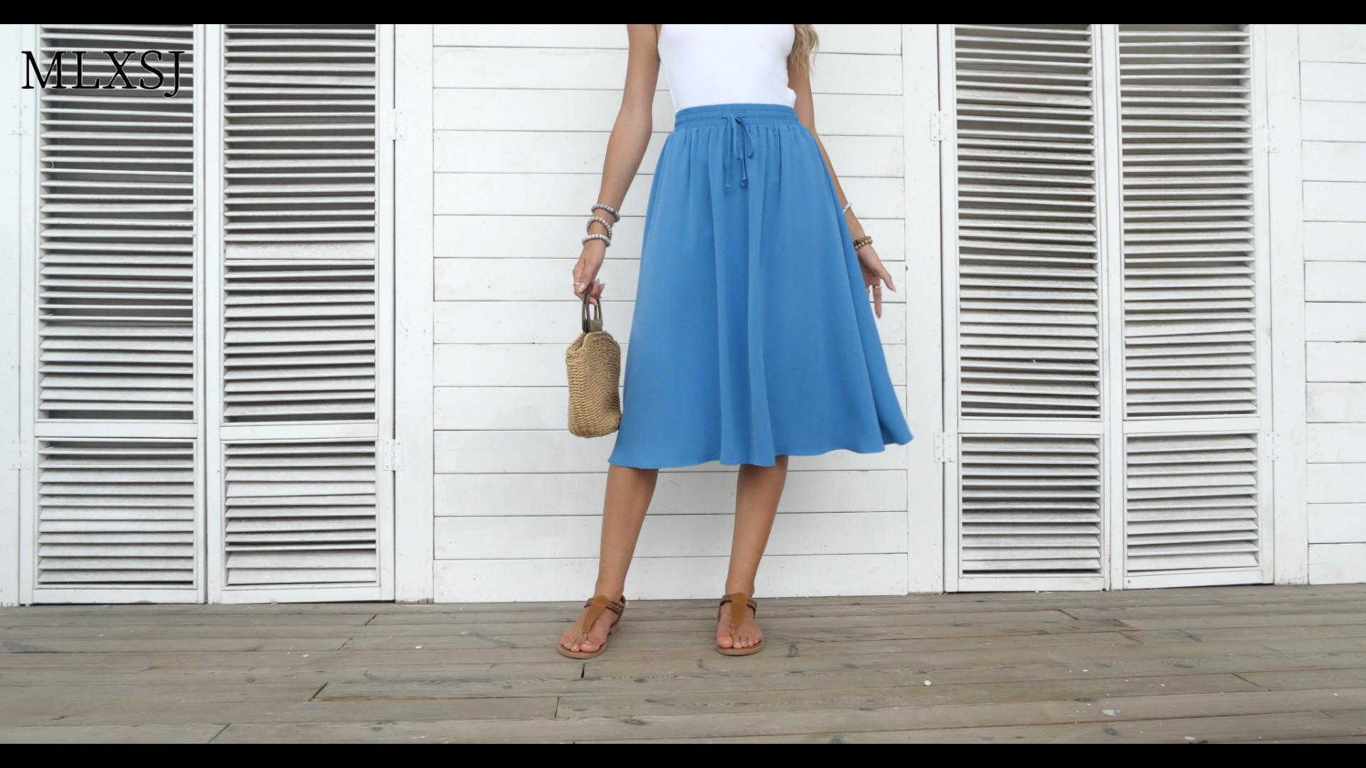 MLXSJ Women's Midi Skirt Summer Pleated Flowy Elastic High Waisted