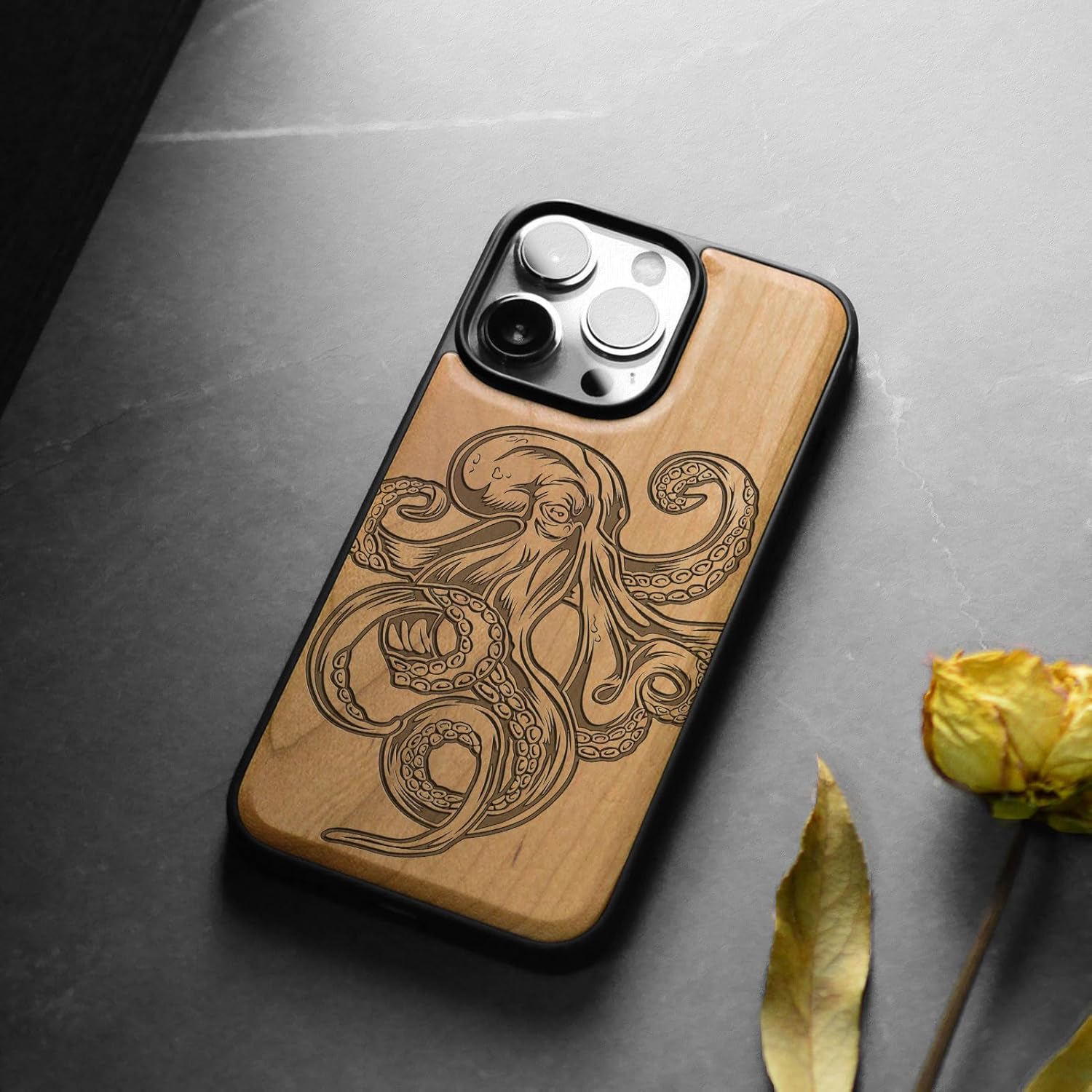Carveit Magnetic Wooden Case for iPhone 15 Pro Max Case, Compatible with MagSafe Wireless Chargers, Black Soft TPU Shockproof Cover & Wood Artisan Engraved (Octopus Drawing) - Cherry