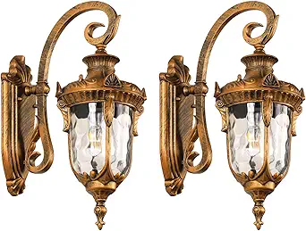 Outdoor Wall Lights, Waterproof Aluminum Porch Wall Light for Outside House, Patio, Yard, Garden, Gold Gooseneck Exterior Wall Sconce, Hardwired Outdoor Acorn Shape Lantern, Water Ripple Glass, 2pack