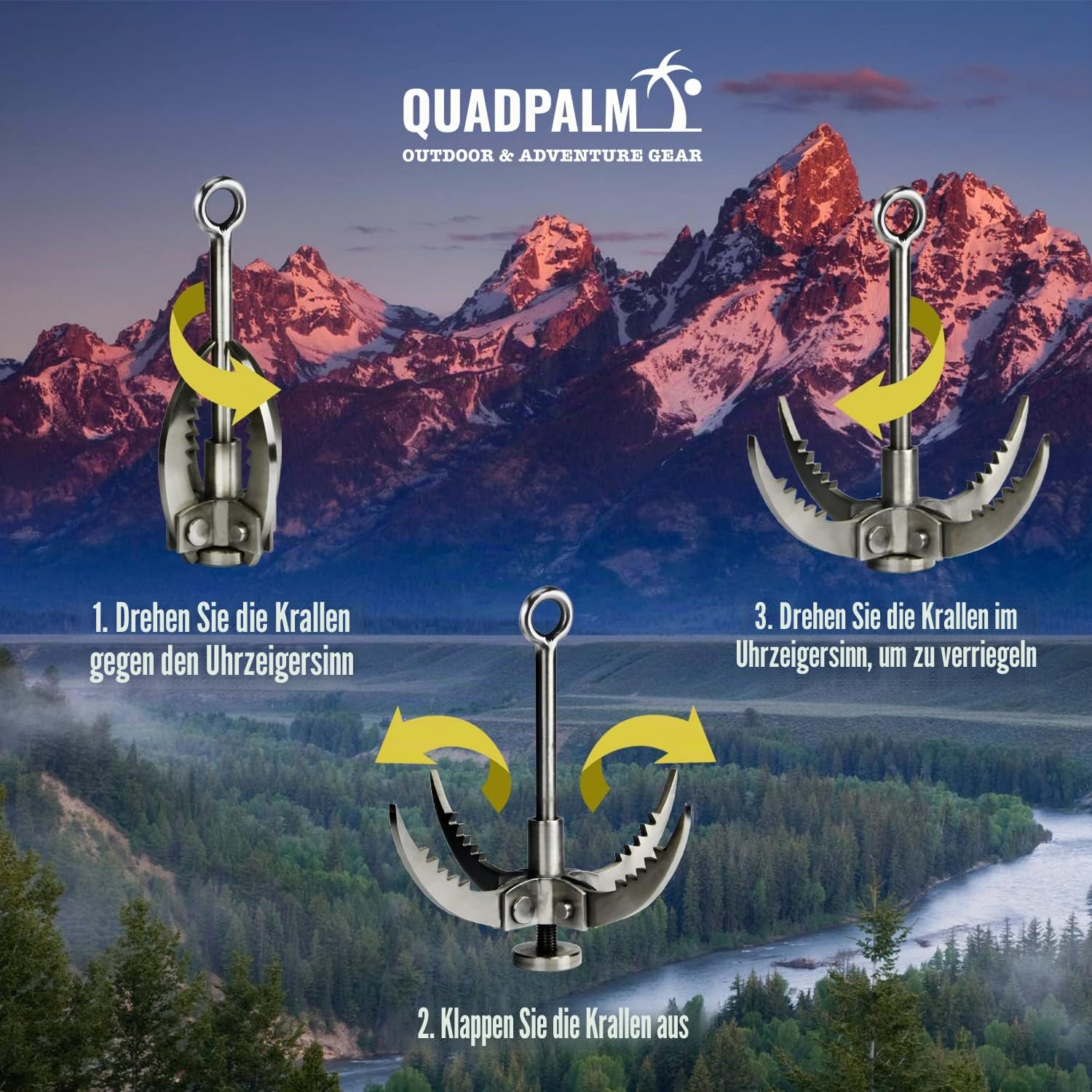 Grappling Haken mit 10m Seil - Multifunktionaler QUADPALM Greiferhaken - 4 Edelstahl Klappkrallen - Heavy Duty - Outdoor Camping Wandern Baum Felsen Bergsteigen Ausrüstung