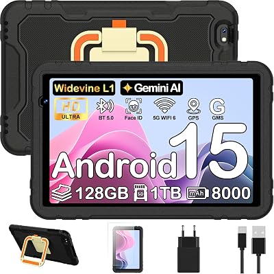 Tablet 10 Pulgadas Android 15, 128GB ROM + 2TB TF, Widevine L1, Control Parental, 8000 mAh, Octa-Core 2.0Ghz, Face ID, GMS, GPS, WiFi 6, Protective Antichoque EVA + Soporte giratorio de 360° – Negro