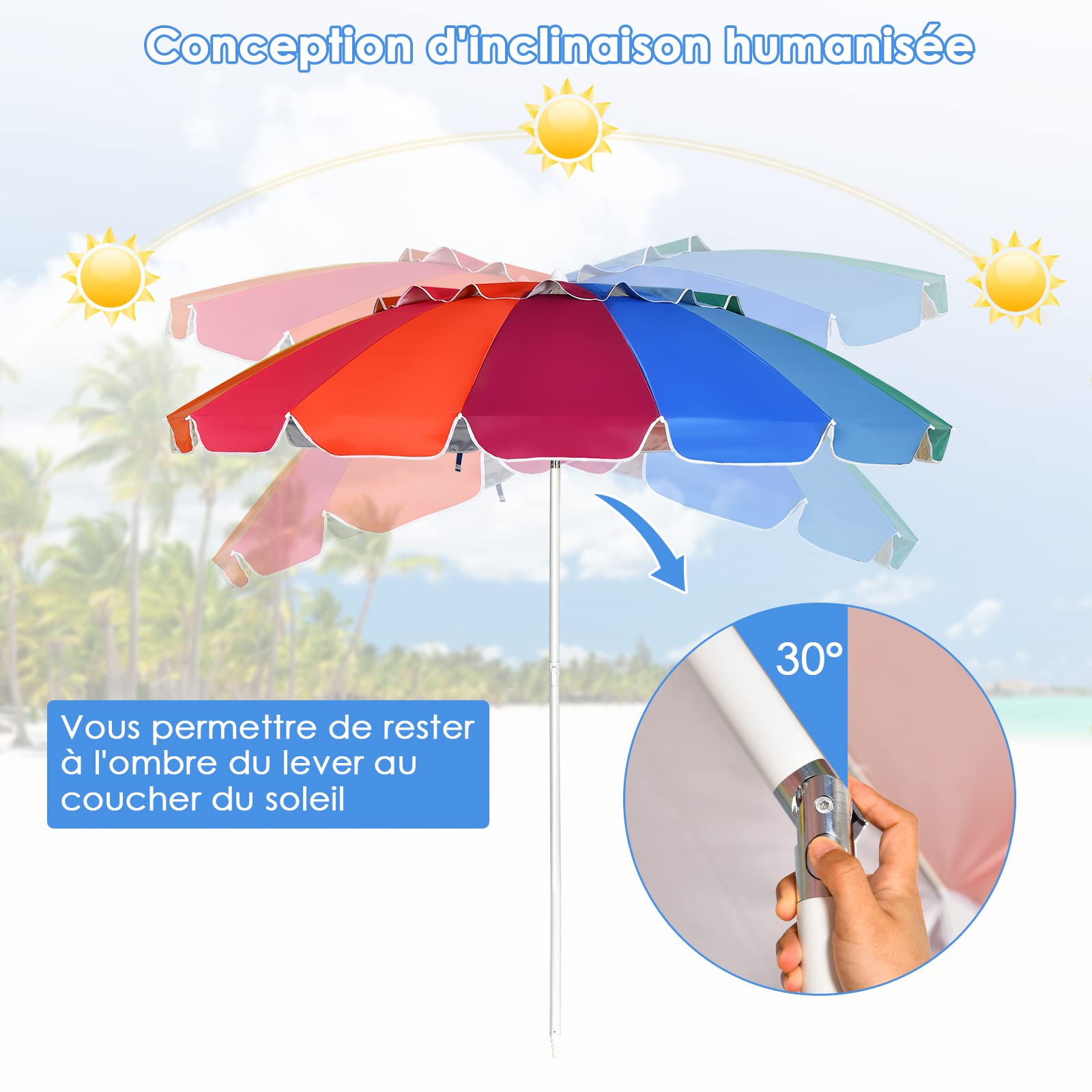 RELAX4LIFE Parasol de Plage Inclinable Ø245 cm (Multicolore)