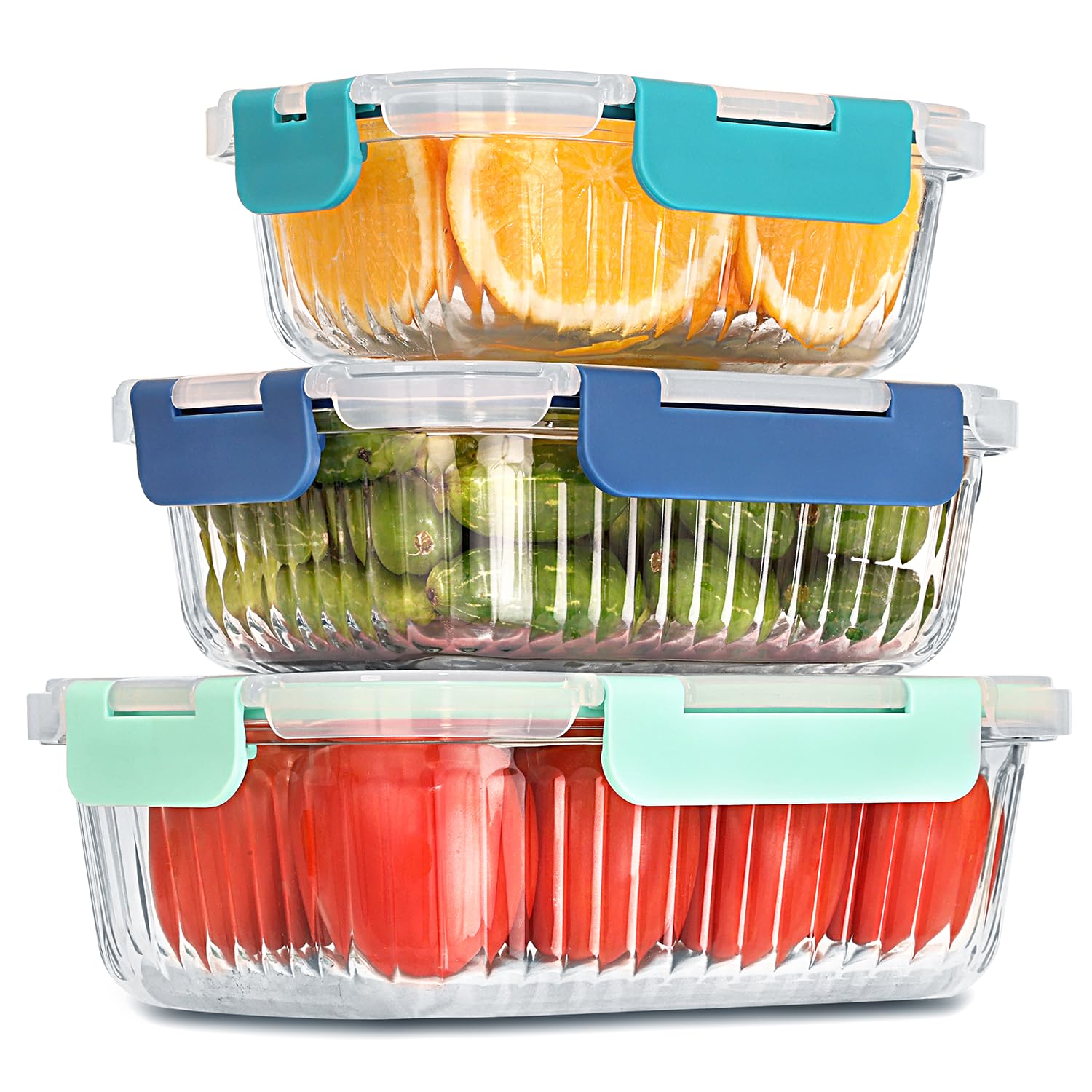 Fruitalite Unique STRIPED DESIGN Airtight Glass Containers-370ml, 640ml & 1050ml-3 Pcs Set, Borosilicate MealPrep Food Storage, Leak-Proof Snap Locking Lids,Microwave Oven Freezer Safe- TEAL NAVY MINT