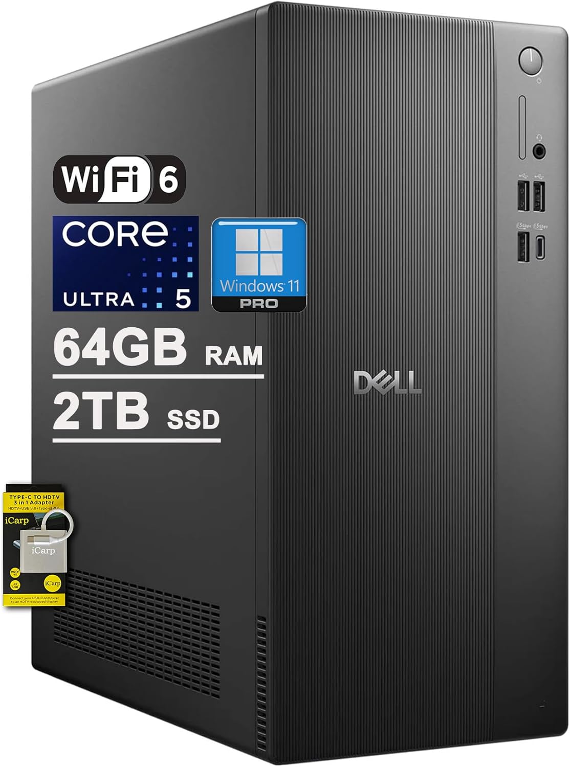 Dell Tower ECT1250 Business Desktop Intel 10-core Ultra 5 225 (Beats Ultra 7 165H) 64GB RAM 2TB SSD Wi-Fi 6 Win11Pro ICP Hub w/Copilot AI