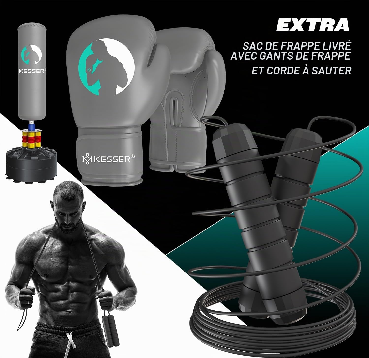 KESSER® Sac de Frappe Debout pour Adulte avec Gants de Boxe + Corde à Sauter, Sac de Frappe sur Pied, Sac de Frappe sur Pied, MMA Boxpartner Boxpartner Boxing Trainer Fitness Sac de Frappe avec
