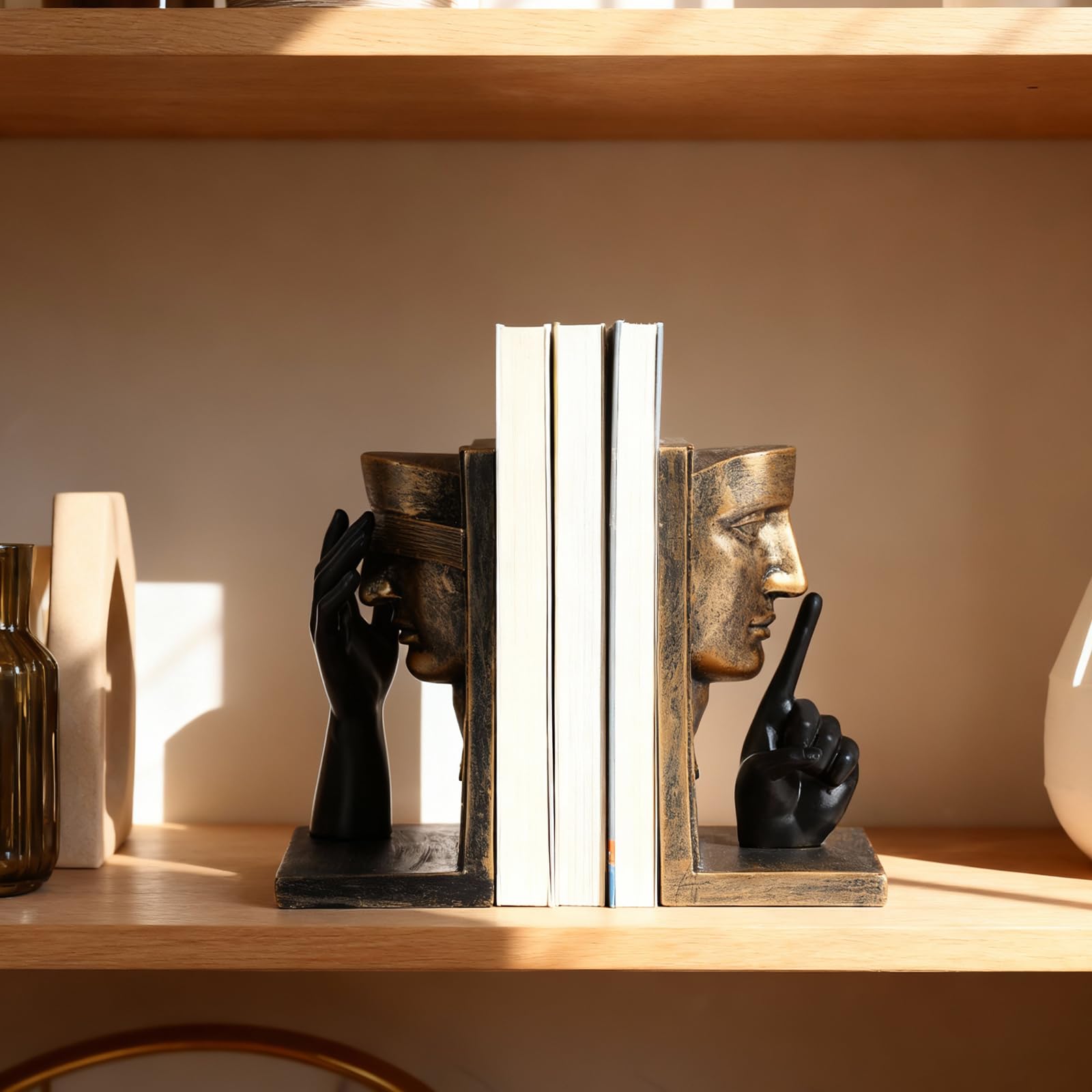 Set di 2 fermalibri con scultura astratta, stile moderno, nero e oro, statue decorative uniche per libreria, casa, ufficio e biblioteca (oro nero)