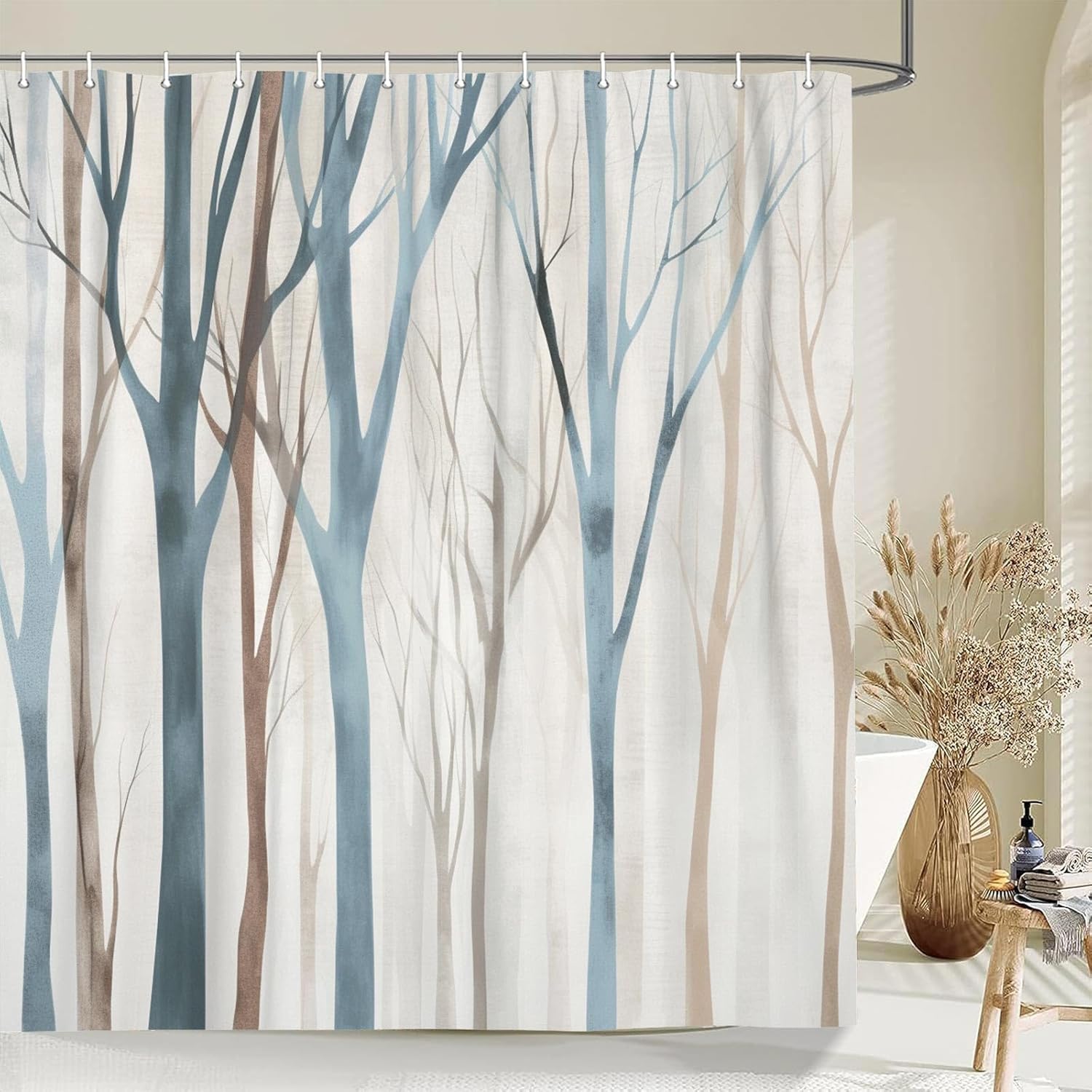 MERCHR Blue and Brown Birch Tree Shower Curtain, Beige Tan Forest Abstract Art Rustic Fabric Shower Curtains Set for Bathroom Decorative, Farmhouse Restroom Decor Accessories with Hooks 72X75 inch